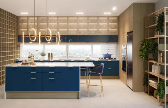 Cozinha colorida Italínea, utilizando Laca Acetinada Azul da paleta Infinity Colors